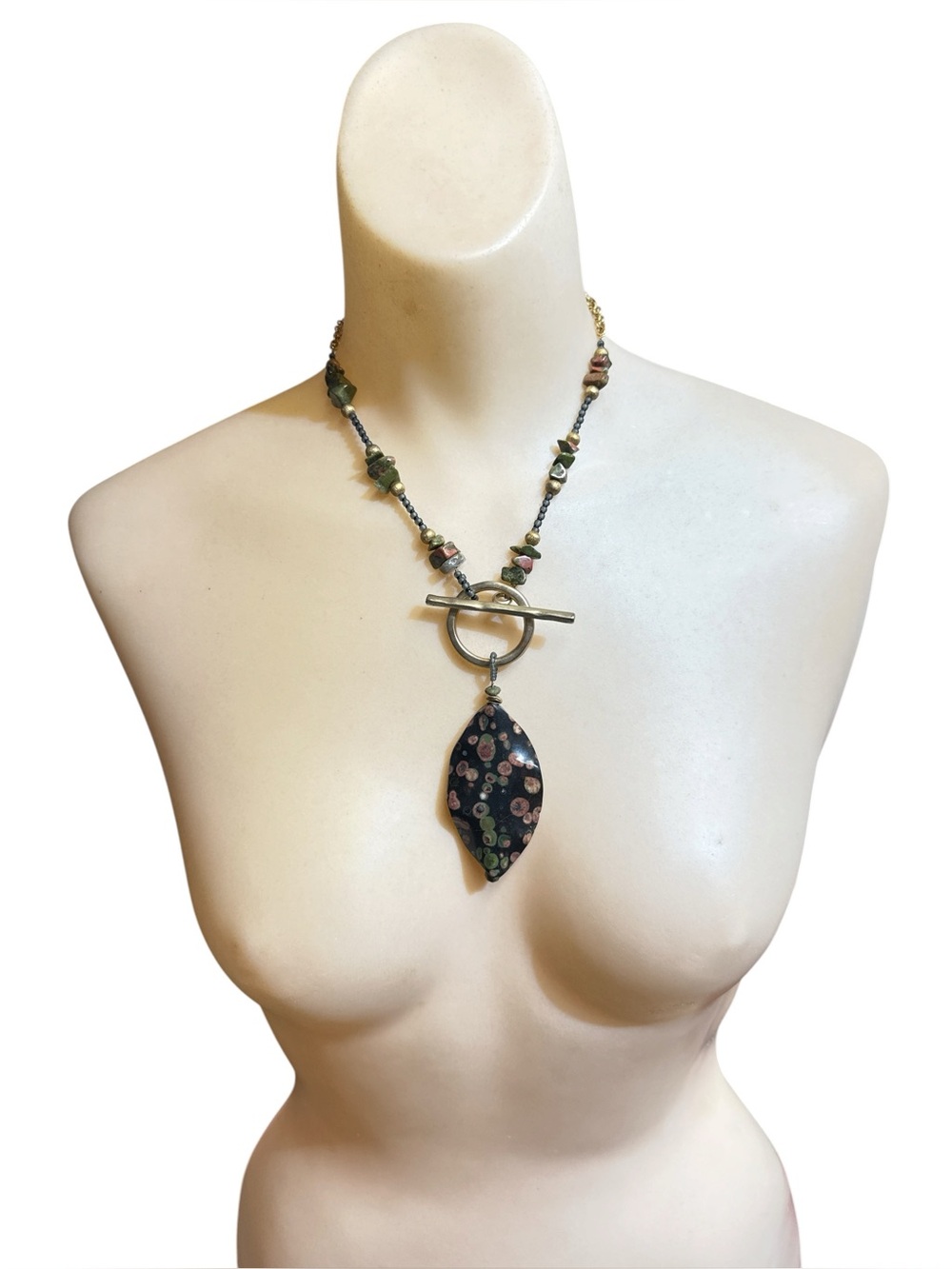 Artisan Brass Red Snowflake Obsidian Unakite Beaded Toggle Lariat Necklace 18”